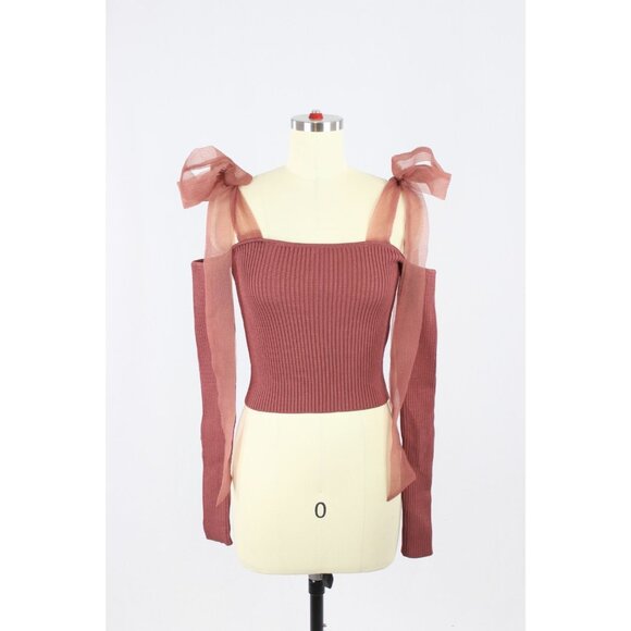 NWOT ZARA Rose Mauve Ribbed Knit Organza Tie Strap Cold Shoulder Top, Size S - Picture 1 of 13